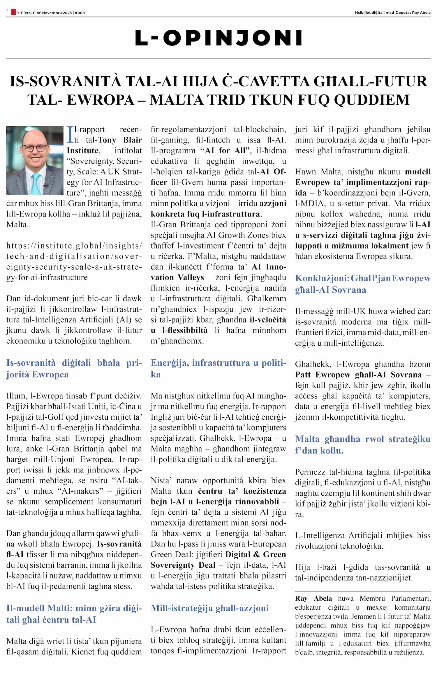 Ray Abela — article excerpt, L-Opinjoni, November 11, 2025